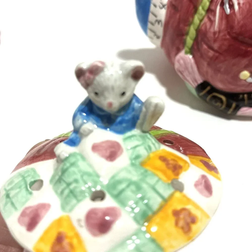 Vintage LEFTON China Tea Pot Ceramic Mouse Sewing Basket Theme - Hand Painted